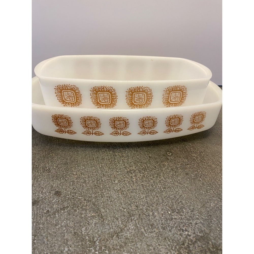 2 Vintage Federal Glass Baking Dish Loaf Pan White Connoisseur Brown Sunflowers